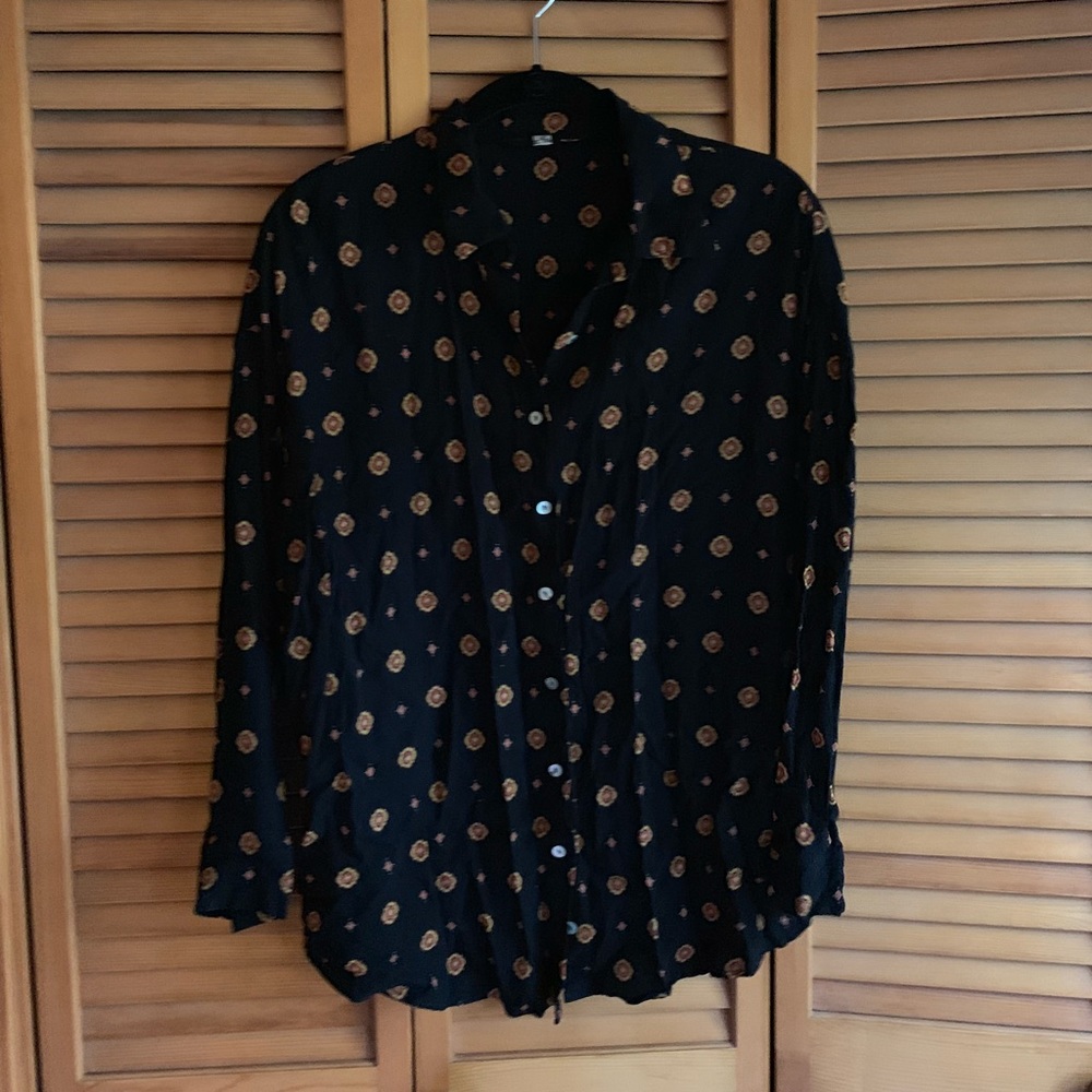 Free People Black and Gold Patterned Blouse